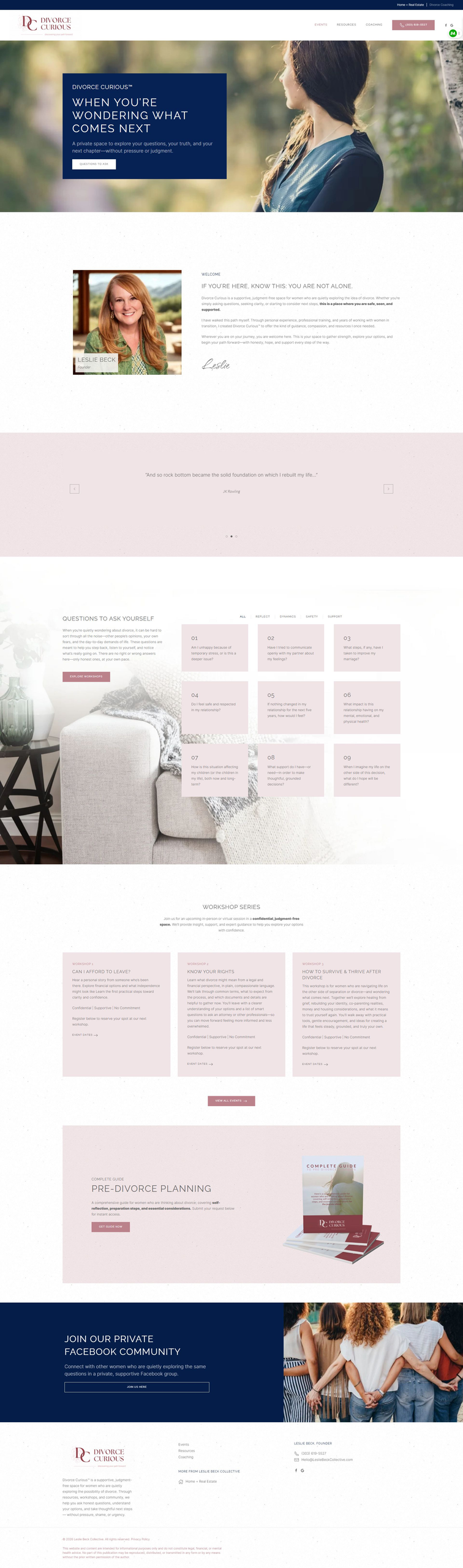 Divorce Curious divorce coaching homepage, showing Leslie Beck, reflection questions, workshops, planning resources, and community support.