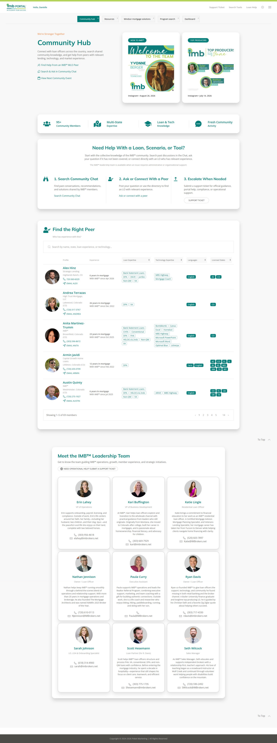 IMB™ Portal full Community Hub with peer directory, community updates and leadership team