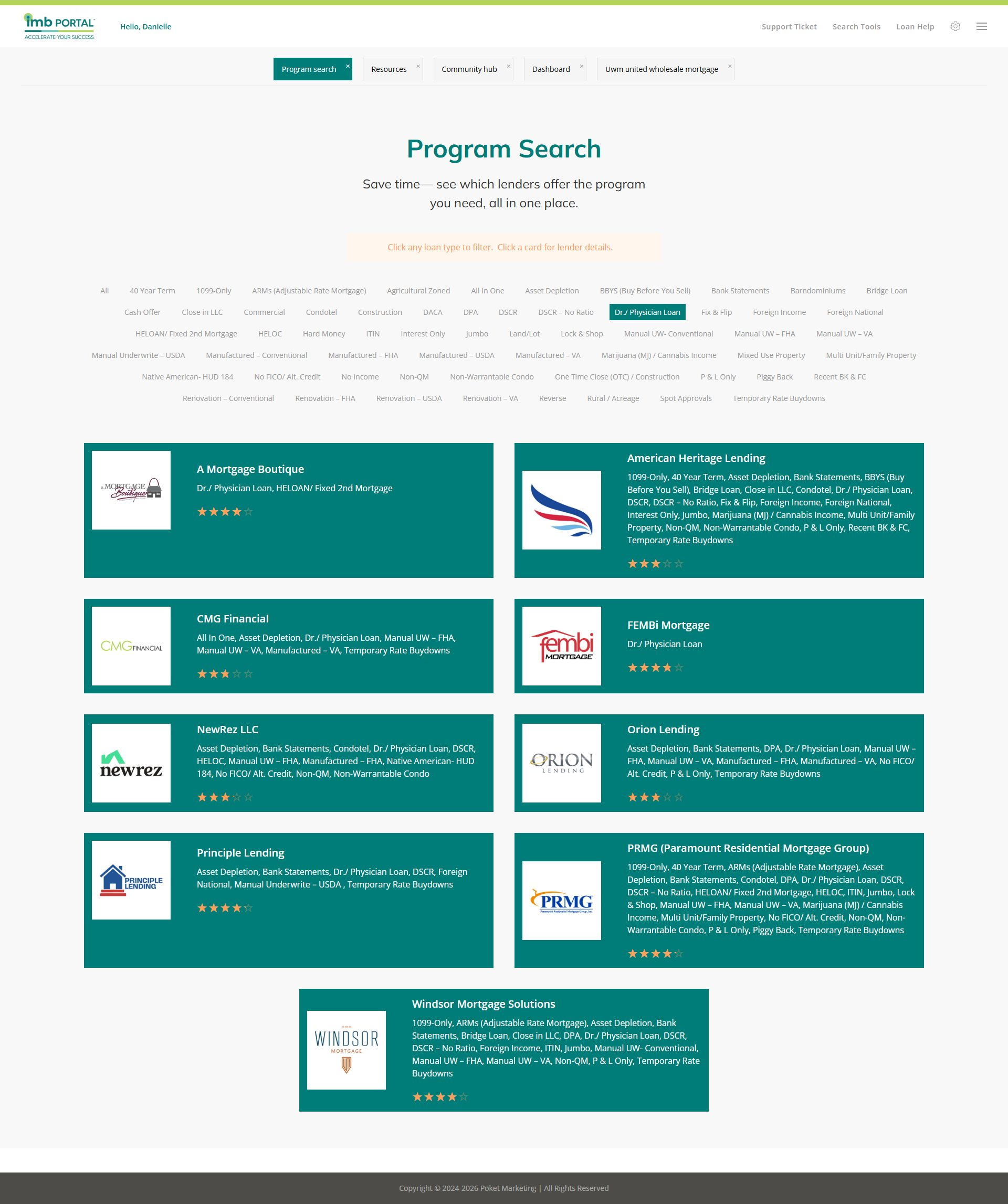 IMB™ Portal full Program Search with physician-loan filter selected and matching lender cards