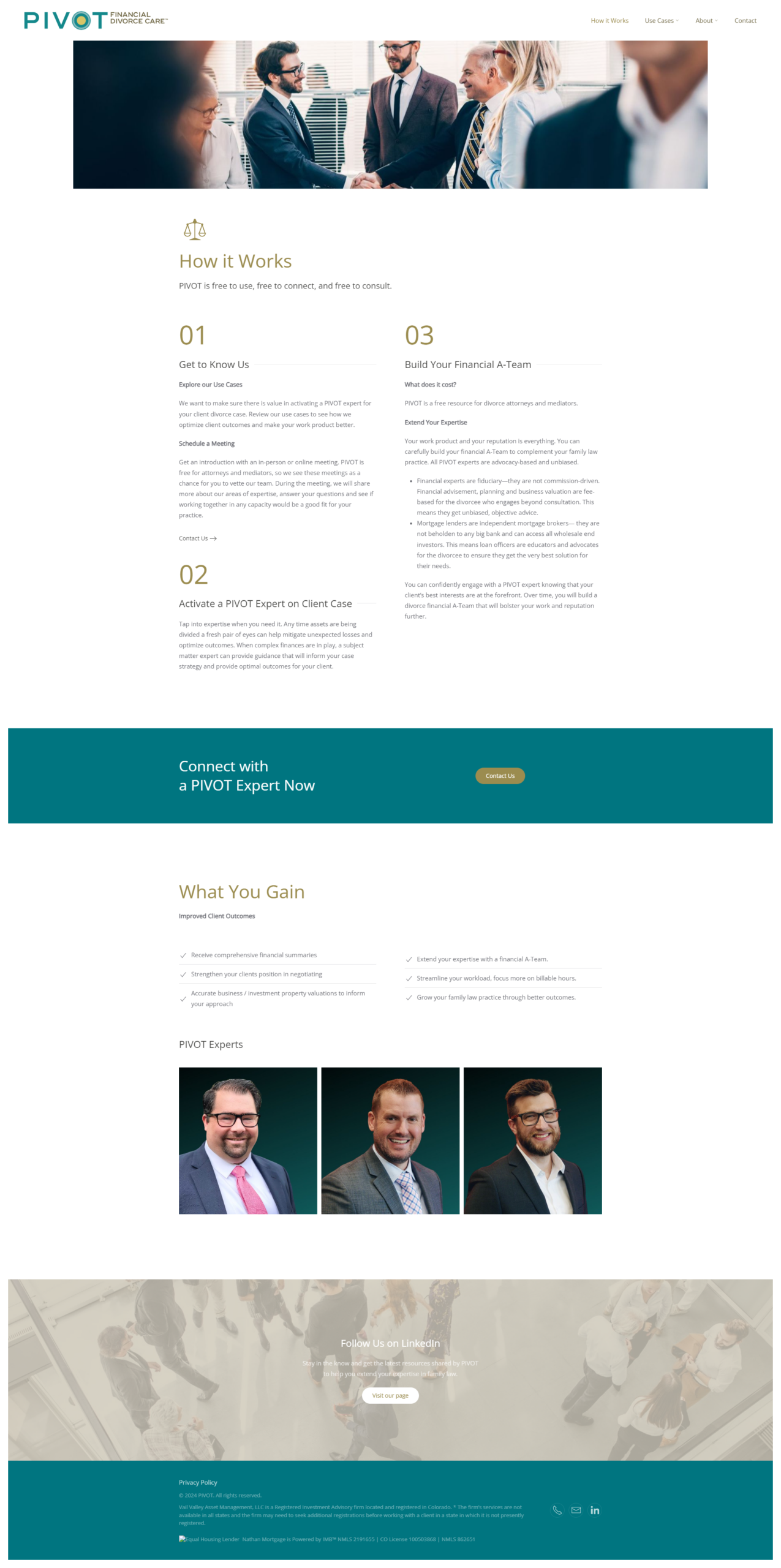 PIVOT How It Works page showing three steps for connecting family law professionals with financial experts, captured January 6, 2024.